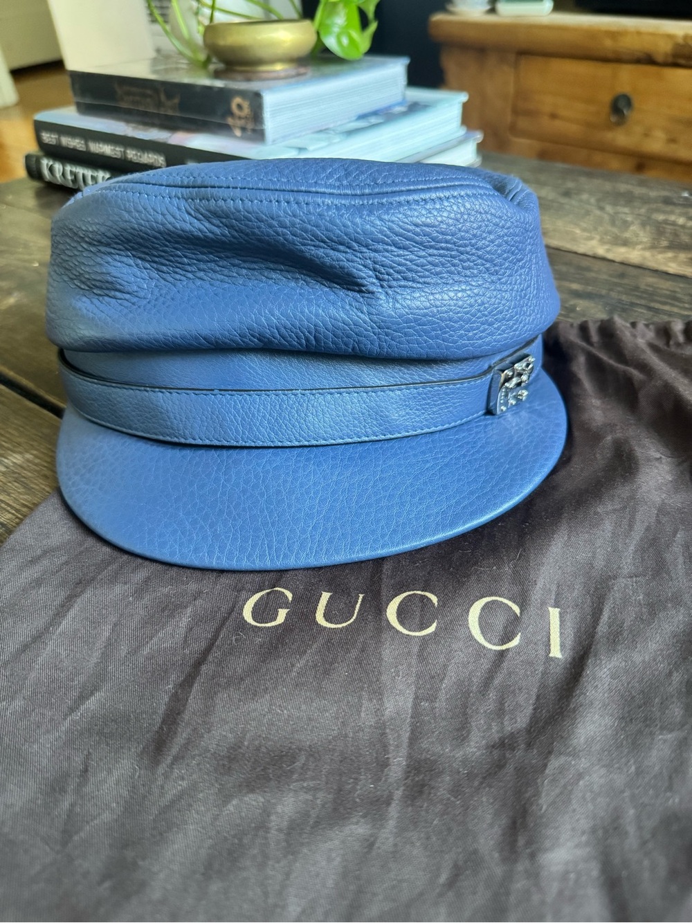 Authentic Gucci Blue Pebbled Leather Cap with Silver Hardware